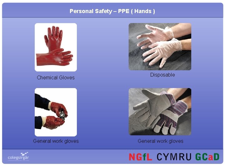 Personal Safety – PPE ( Hands ) Chemical Gloves General work gloves Disposable General