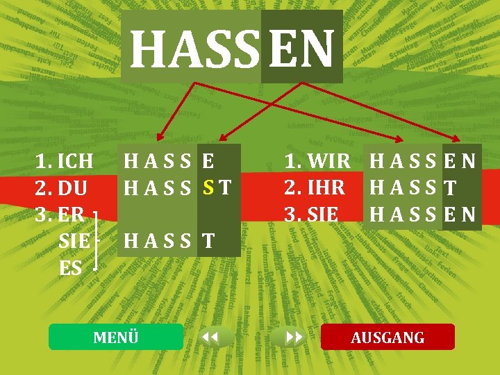 HASS EN 1. ICH 2. DU 3. ER SIE ES HASS E HASS ST