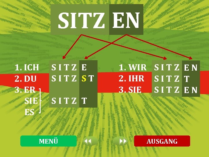 SITZ EN 1. ICH 2. DU 3. ER SIE ES SITZ E SITZ ST