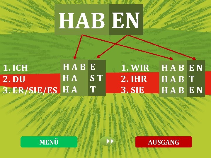 HAB EN HAB E 1. ICH HAB ST 2. DU 3. ER/SIE/ES H A