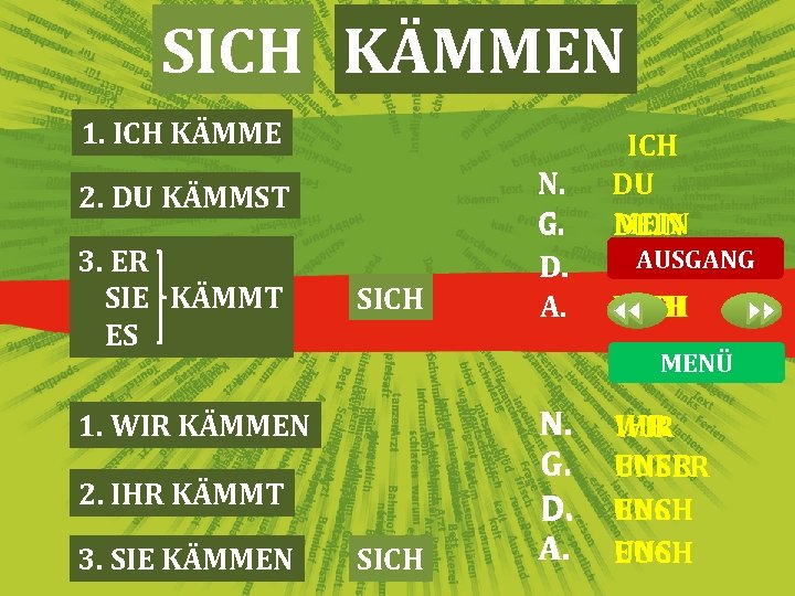 SICH KÄMMEN 1. ICH KÄMME 2. DU KÄMMST 3. ER SIE KÄMMT ES SICH