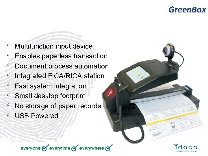 Green. Box Multifunction input device Enables paperless transaction Document process automation Integrated FICA/RICA station