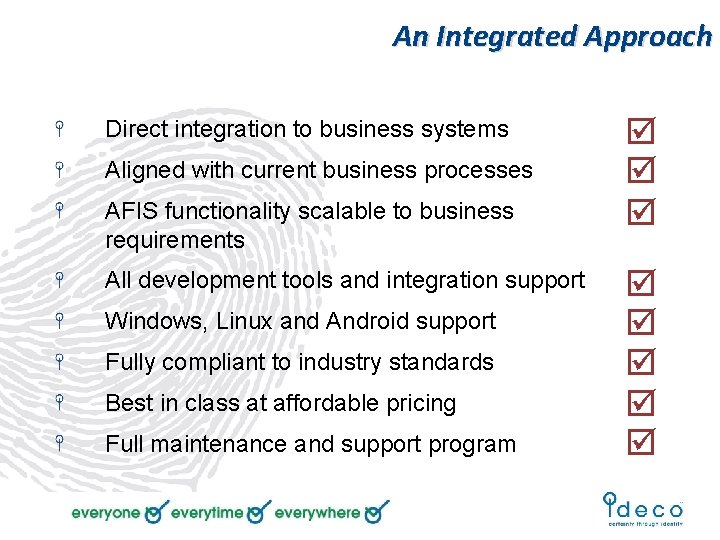 An Integrated Approach Direct integration to business systems Aligned with current business processes AFIS