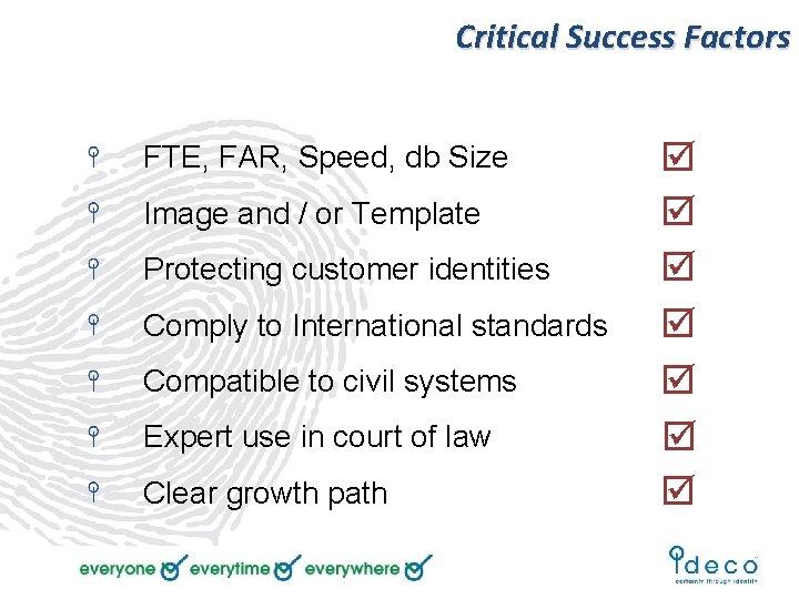 Critical Success Factors FTE, FAR, Speed, db Size Image and / or Template Protecting