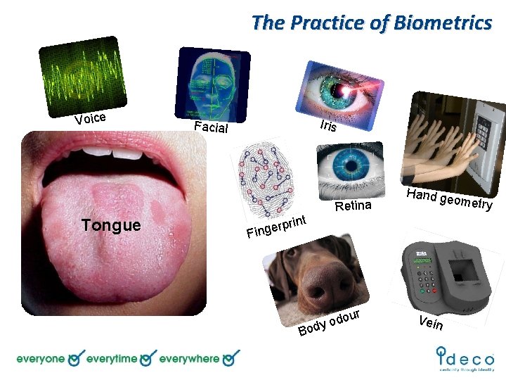 The Practice of Biometrics Voice Tongue Iris Facial t Retina Hand ge ometry rprin