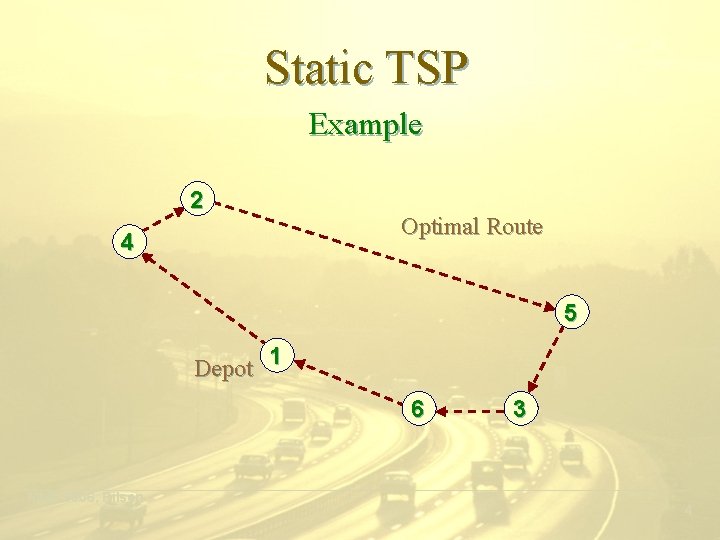 Static TSP Example 2 4 Optimal Route 5 1 Depot 6 3 ___________________________________________ MME