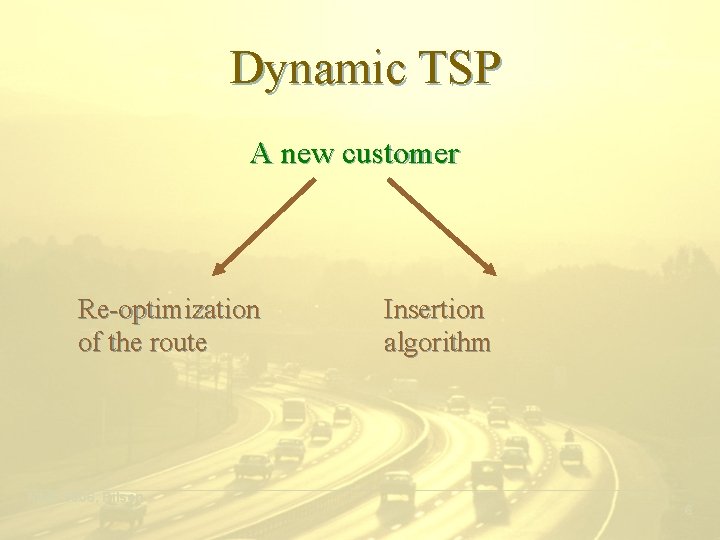 Dynamic TSP A new customer Re-optimization of the route Insertion algorithm ___________________________________________ MME 2006,