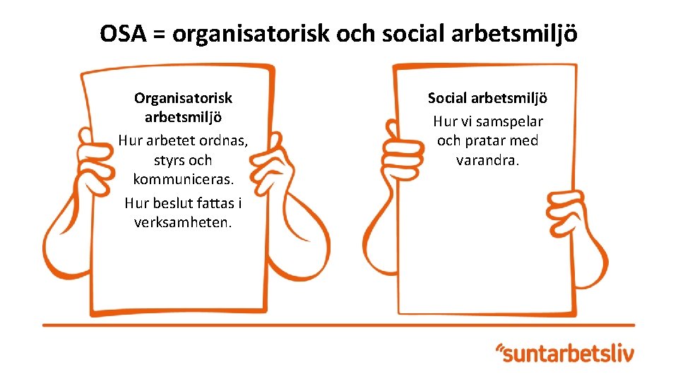 OSA = organisatorisk och social arbetsmiljö Organisatorisk arbetsmiljö Hur arbetet ordnas, styrs och kommuniceras.