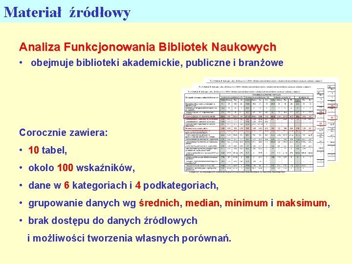 Materiał źródłowy Analiza Funkcjonowania Bibliotek Naukowych • obejmuje biblioteki akademickie, publiczne i branżowe Corocznie