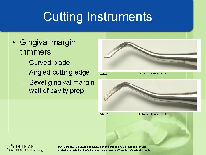 Cutting Instruments • Gingival margin trimmers – Curved blade – Angled cutting edge – Cutting Instruments • Gingival margin trimmers – Curved blade – Angled cutting edge –