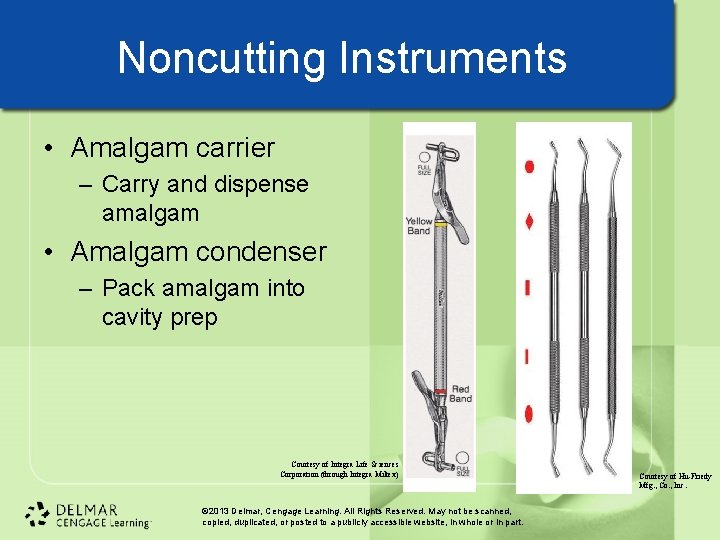 Noncutting Instruments • Amalgam carrier – Carry and dispense amalgam • Amalgam condenser – Noncutting Instruments • Amalgam carrier – Carry and dispense amalgam • Amalgam condenser –