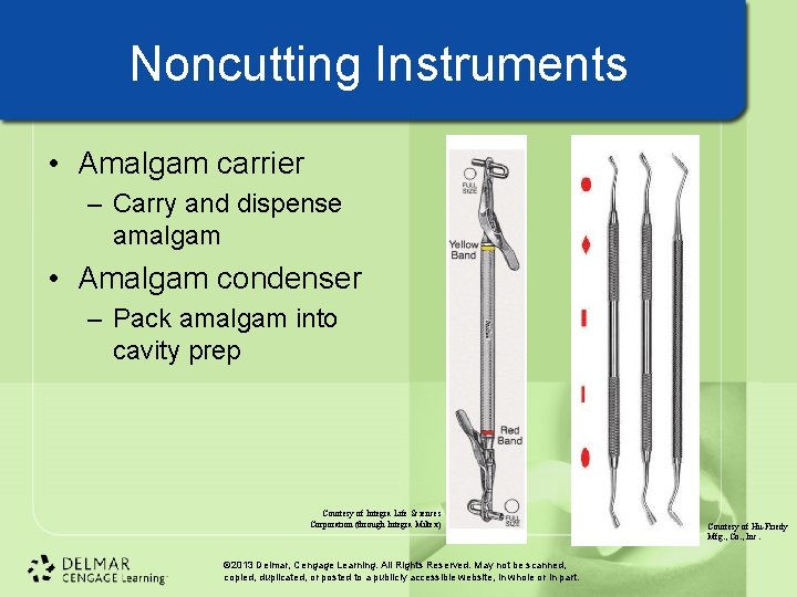 Noncutting Instruments • Amalgam carrier – Carry and dispense amalgam • Amalgam condenser –