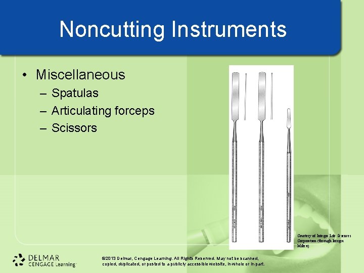 Noncutting Instruments • Miscellaneous – Spatulas – Articulating forceps – Scissors Courtesy of Integra