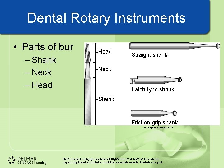 Dental Rotary Instruments • Parts of bur – Shank – Neck – Head Straight