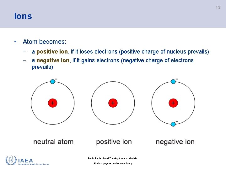 13 Ions • Atom becomes: − a positive ion, if it loses electrons (positive