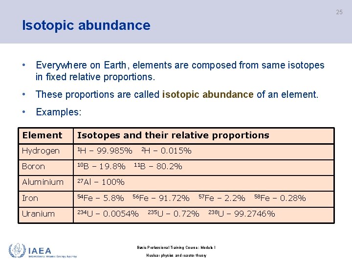25 Isotopic abundance • Everywhere on Earth, elements are composed from same isotopes in
