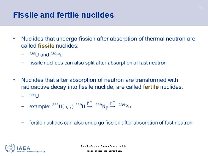 68 Fissile and fertile nuclides • Basic Professional Training Course; Module I Nuclear physics