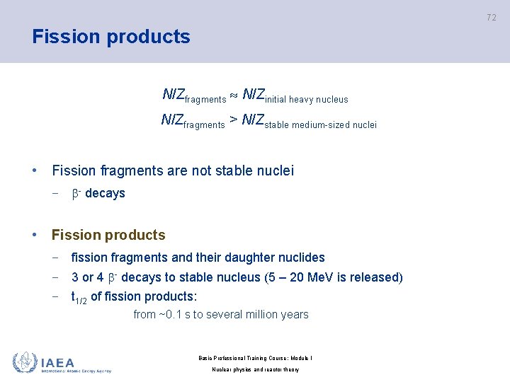 72 Fission products N/Zfragments N/Zinitial heavy nucleus N/Zfragments > N/Zstable medium-sized nuclei • Fission