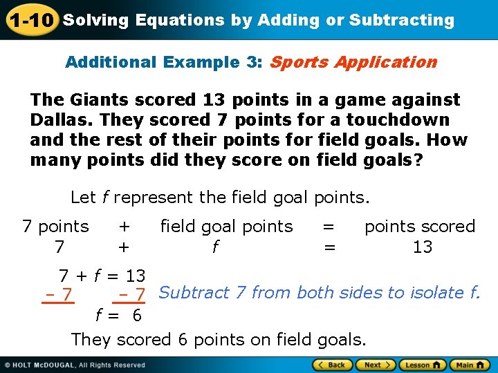 1 -10 Solving Equations by Adding or Subtracting Additional Example 3: Sports Application The