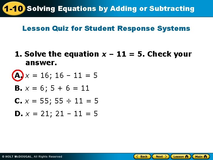 1 -10 Solving Equations by Adding or Subtracting Lesson Quiz for Student Response Systems
