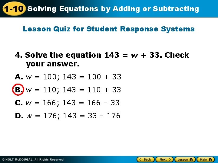 1 -10 Solving Equations by Adding or Subtracting Lesson Quiz for Student Response Systems