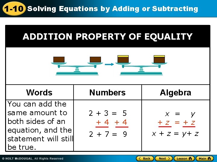 1 -10 Solving Equations by Adding or Subtracting ADDITION PROPERTY OF EQUALITY Words You