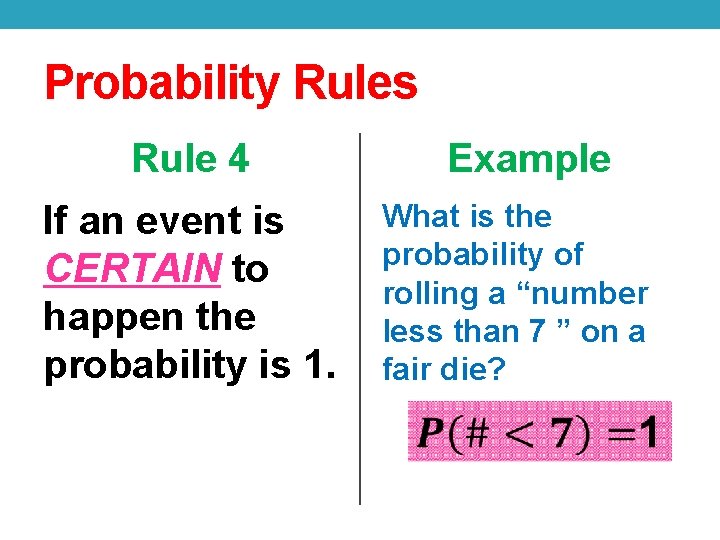 Probability Rules Rule 4 If an event is CERTAIN to happen the probability is