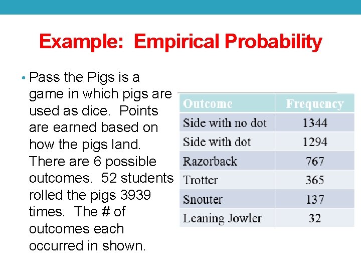 Example: Empirical Probability • Pass the Pigs is a game in which pigs are