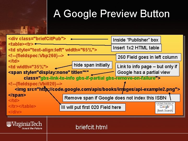 A Google Preview Button <div class="brief. Cit. Pub"> Inside “Publisher” box <table><tr> Insert 1