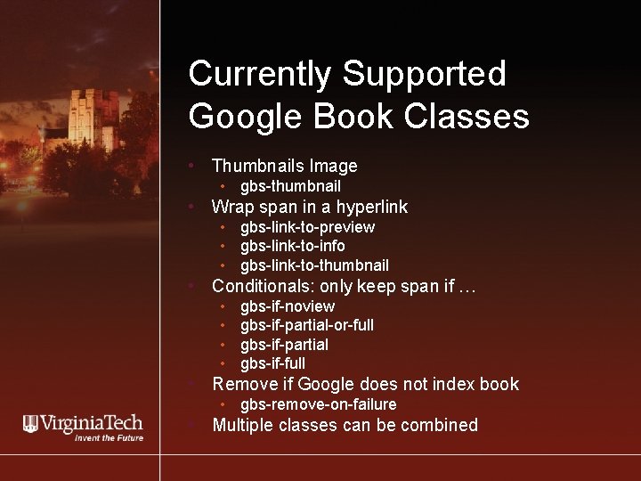 Currently Supported Google Book Classes • Thumbnails Image • gbs-thumbnail • Wrap span in