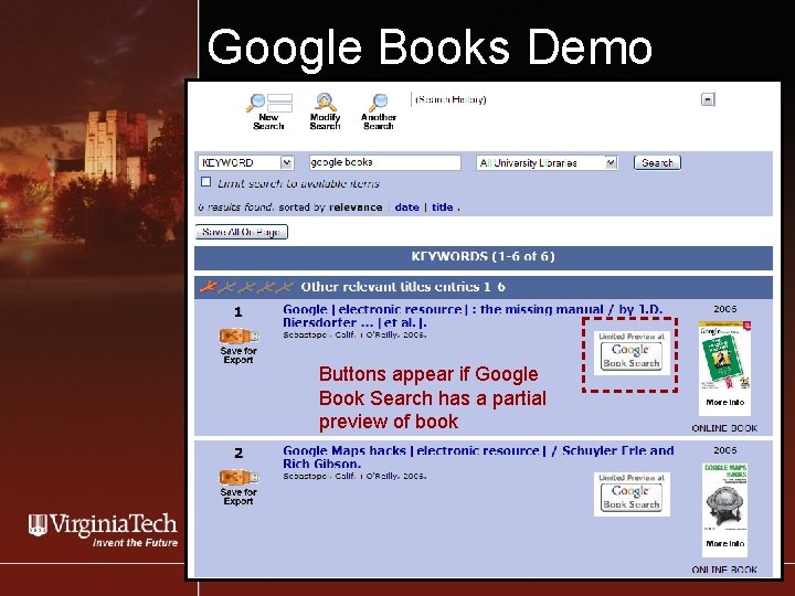 Google Books Demo Buttons appear if Google Book Search has a partial preview of