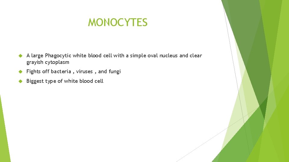 MONOCYTES A large Phagocytic white blood cell with a simple oval nucleus and clear