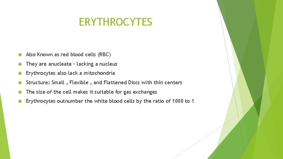 ERYTHROCYTES Also Known as red blood cells (RBC) They are anucleate – lacking a