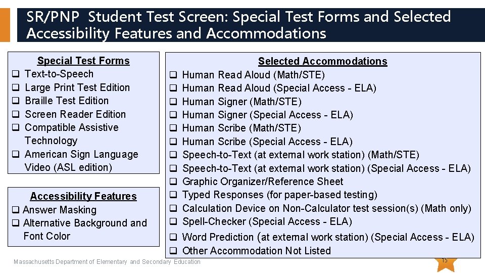 SR/PNP Student Test Screen: Special Test Forms and Selected Accessibility Features and Accommodations q