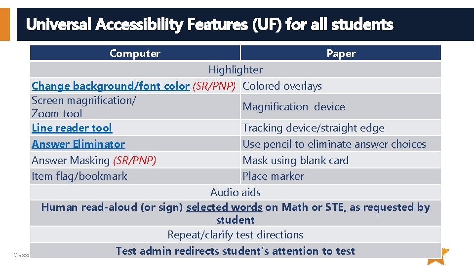 Universal Accessibility Features (UF) for all students Computer Paper Highlighter Change background/font color (SR/PNP)