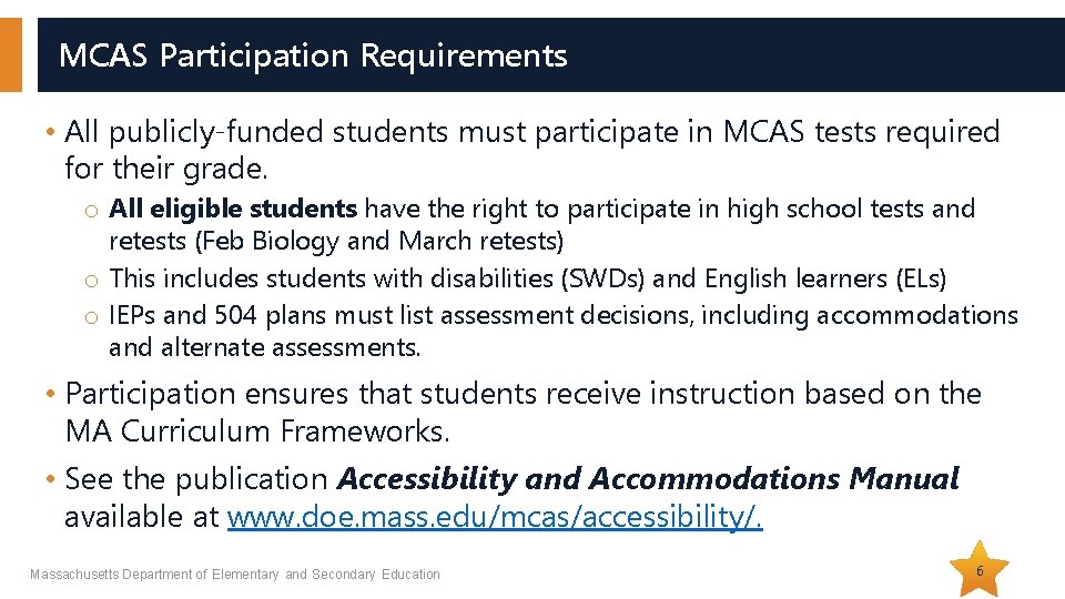 MCAS Participation Requirements • All publicly-funded students must participate in MCAS tests required for