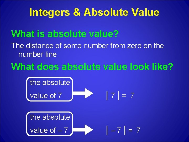 Integers & Absolute Value What is absolute value? The distance of some number from