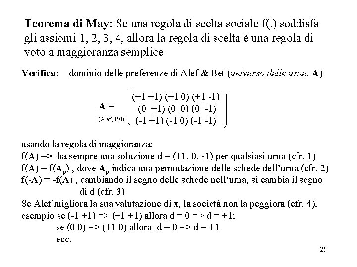 Teorema di May: Se una regola di scelta sociale f(. ) soddisfa gli assiomi