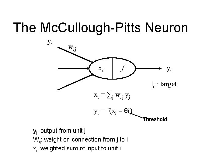 The Mc. Cullough-Pitts Neuron yj wij xi f yi ti : target xi =
