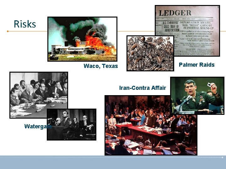 Risks Palmer Raids Waco, Texas Iran-Contra Affair Watergate 