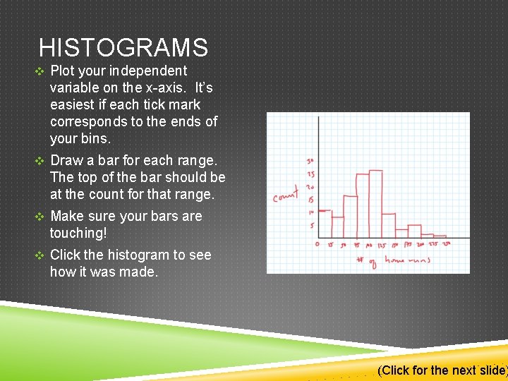 HISTOGRAMS v Plot your independent variable on the x-axis. It’s easiest if each tick