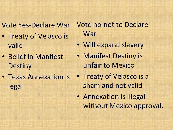 Vote Yes-Declare War • Treaty of Velasco is valid • Belief in Manifest Destiny