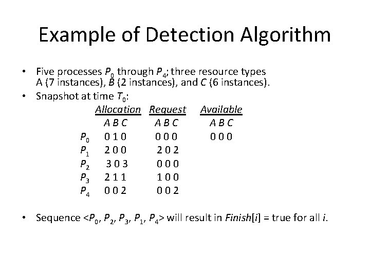 Example of Detection Algorithm • Five processes P 0 through P 4; three resource