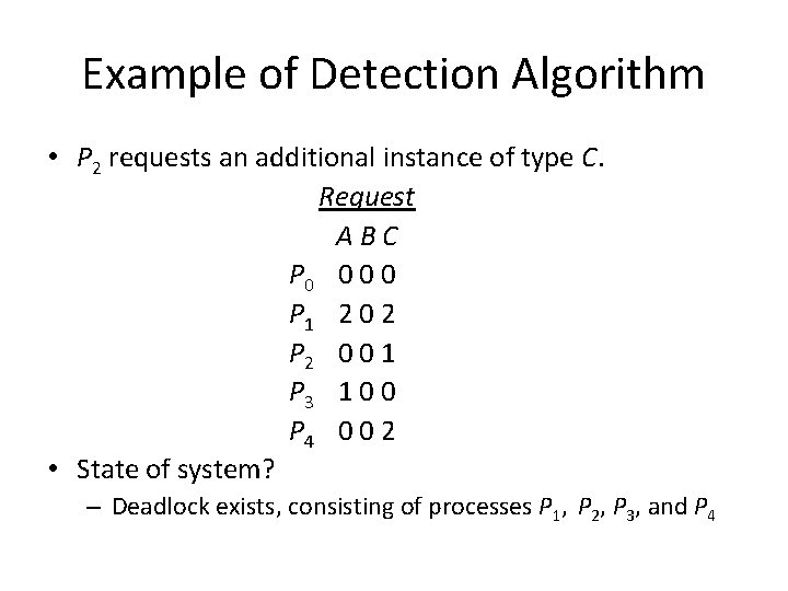 Example of Detection Algorithm • P 2 requests an additional instance of type C.