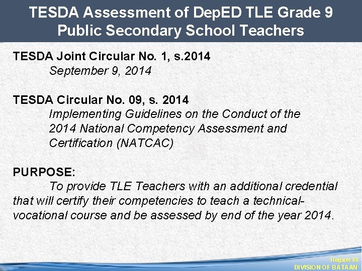 TESDA Assessment of Dep. ED TLE Grade 9 Public Secondary School Teachers TESDA Joint