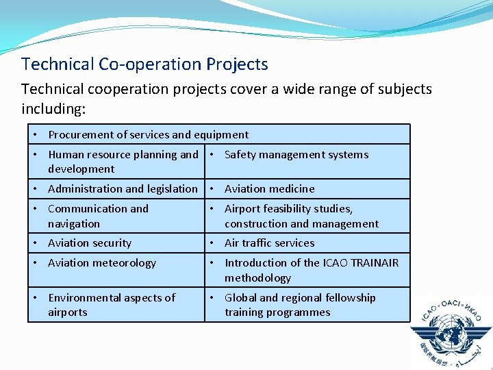 Technical Co-operation Projects Technical cooperation projects cover a wide range of subjects including: •