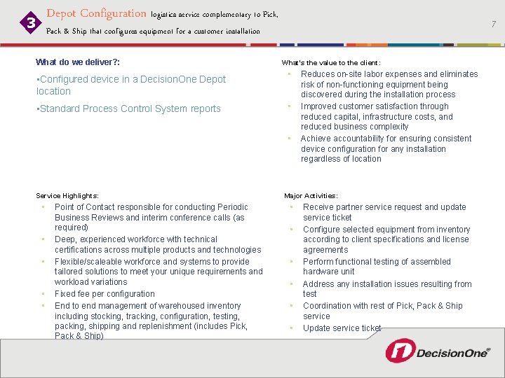 Depot Configuration logistics service complementary to Pick, 3 7 Pack & Ship that configures