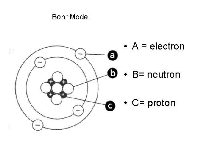 Bohr Model • A = electron • B= neutron • C= proton 