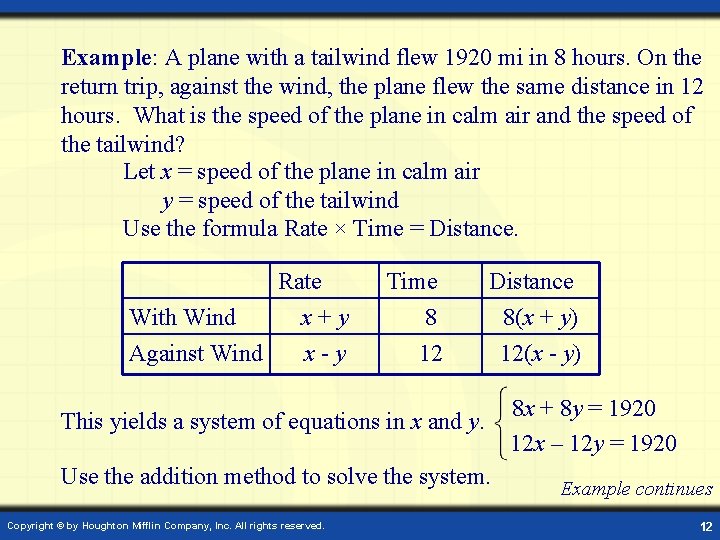 Example: A plane with a tailwind flew 1920 mi in 8 hours. On the Example: A plane with a tailwind flew 1920 mi in 8 hours. On the