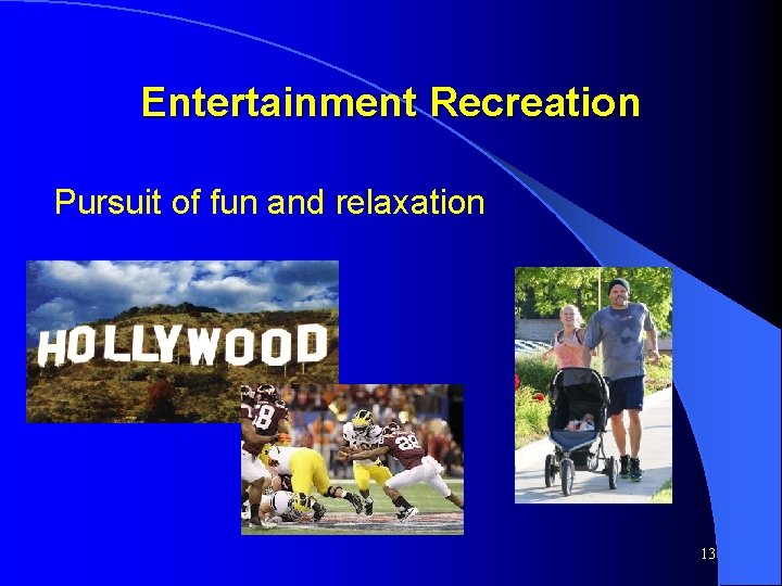 Entertainment Recreation Pursuit of fun and relaxation 13 